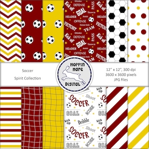 Soccer Digital Paper Pack - Soccer Scrapbooking Papers - Seamless Patterns - Maroon Gold Yellow