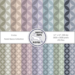 May include: A set of 12 digital paper patterns featuring a repeating circle design in various pastel colors. The papers are 12 inches by 12 inches and 300 dpi. The text "Circles Pastel Basics Collection" and "HOPPIN Hare DIGITAL" is included in the image.