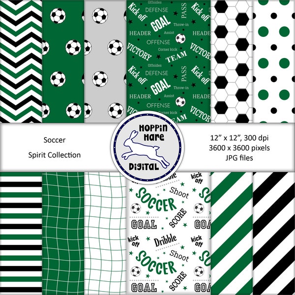 Soccer Digital Paper Pack - Soccer Scrapbooking Papers - Seamless Patterns - Green Black White