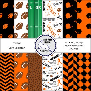 May include: A set of 10 digital papers featuring football-themed patterns in orange, black, and brown. The patterns include footballs, helmets, end zones, and game day text. The papers are 12 inches by 12 inches and 300 dpi.