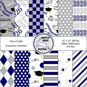 Graduation Digital Paper Pack - Scrapbooking Papers - Class of 2026 - Seamless Pattern - Blue Silver Gray