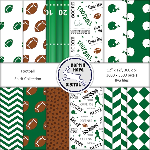 Football Digital Paper Pack - Scrapbooking Papers - Seamless Patterns - Green White