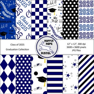 Graduation Digital Paper Pack - Scrapbooking Papers - Klasse von 2025 - Nahtloses Muster - Navy Blau Weiß