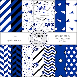 Cheer Digital Paper Pack - Cheerleading Scrapbooking Papiere - Nahtlose Muster - Blau Weiß Schwarz