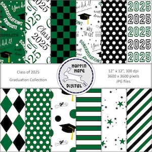Paquet de papier numérique pour l'obtention du diplôme - papiers de scrapbooking - promotion 2025 - modèle sans couture - vert blanc noir