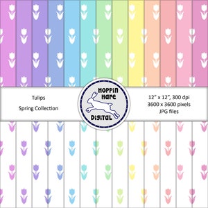 Tulips Digital Paper Pack - Papiers Scrapbooking - Rainbow Pastel Rose Violet Bleu Vert - Motif Floral Sans Couture