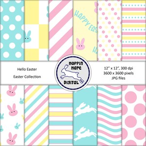 Easter Digital Paper Pack - Papiers Scrapbooking - Pastel Blue Pink Yellow - Bunnies Stripes Motifs sans couture