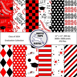 Graduation Digital Paper Pack - Scrapbooking Papers - Class of 2024 - Seamless Pattern - Red Black White