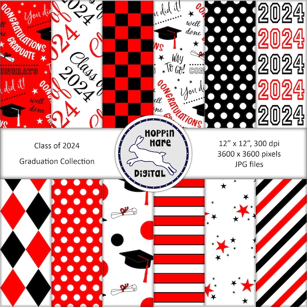 Graduation Digital Paper Pack - Scrapbooking Papers - Class of 2024 - Seamless Pattern - Red Black White