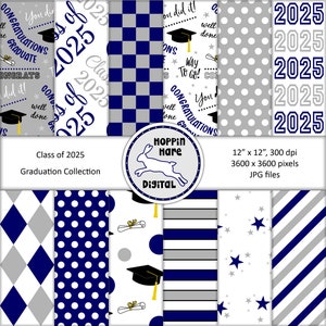 Pakiet papieru cyfrowego na ukończenie szkoły - Papiery do scrapbookingu - Klasa 2025 - Wzór bezszwowy - Niebieski Srebrny Szary