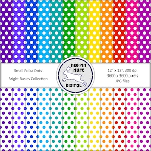 Digital Paper Pack - Small Polka Dots - Spots Circles - Seamless Pattern Papers - Rainbow Colors Bright