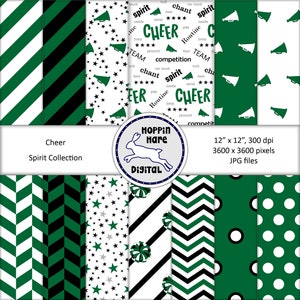 Cheer Digital Paper Pack - Cheerleader Scrapbooking-Papiere - Nahtlose Muster - Grün Weiß Schwarz