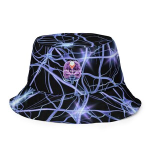 May include: A black bucket hat with a blue and purple neuron pattern. The hat has a logo on the front that says "END Australia - Foundation for Neurological Disorders - www.endbrain.org.au"