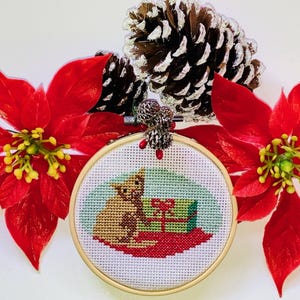 Christmas Cat Cross Stitch Pattern: Tan Kitty with Gift (PDF Pattern)