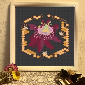 Honeybee Passionflower cross stitch pattern, instant download
