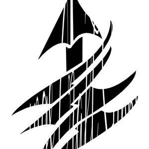 May include: A black and white graphic design featuring a stylized tree shape. The design includes a central trunk with a pointed top and curved, abstract lines emanating from the sides, creating a dynamic visual effect.