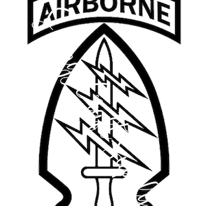 May include: Black and white illustration of a military insignia with the word "AIRBORNE" above a stylized lightning bolt and dagger.