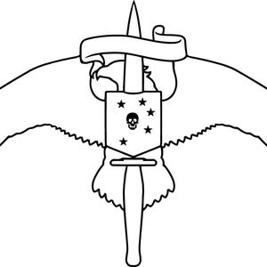 Puede incluir: Ilustración en blanco y negro de un emblema estilizado. Presenta un escudo central con una calavera y estrellas, flanqueado por alas extendidas. Una espada atraviesa el diseño, con una pancarta encima. El diseño es simétrico.