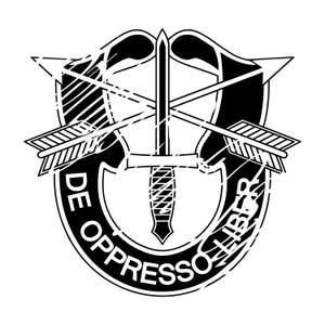 May include: Black and white illustration of a military insignia with a sword and arrows. The text "DE OPPRESSO LIBER" is written around the outside of the insignia.