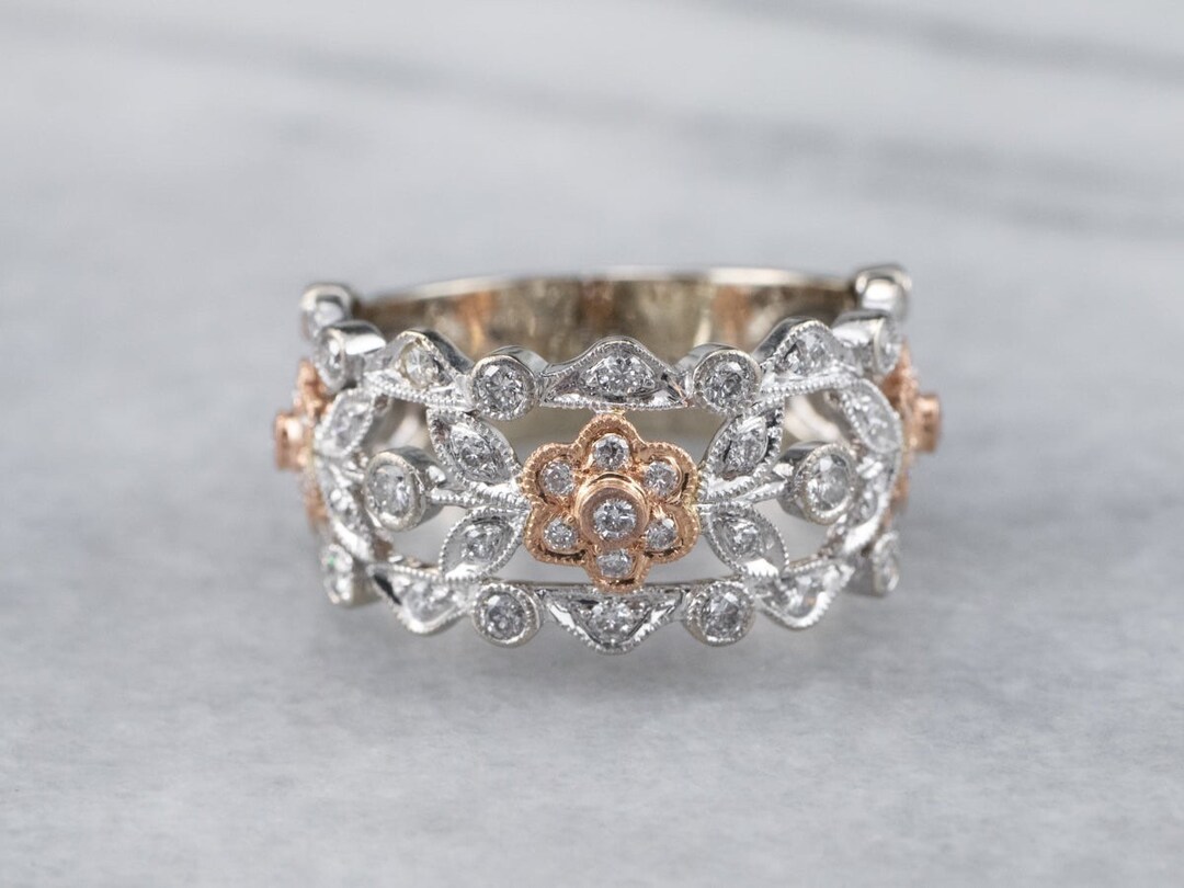 Market Square Jewelers Two Tone 14k White Gold FLORAL DIAMOND Cocktail Band Etsy