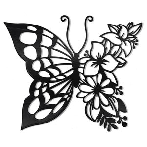 May include: Black metal wall art featuring a butterfly with intricate cutouts and a cluster of stylised flowers.