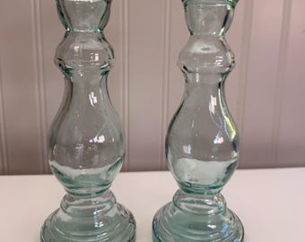 Hand Blown Spanish Recycled Glass Candle Holders | Aqua Sea Taper Set