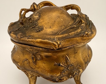 Antique Art Nouveau Gilt Metal Jewelry Casket, Ornate Footed Trinket Box