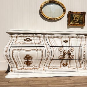 French-Style Baroque Dresser – Finished in White Dove by Benjamin Moore | Vintage Bombe Chest with Ornate Brass Hardware! Free Shipping!