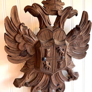 Vintage Hand-Carved Heraldic Wall Plaque – Double-Headed Eagle Coat of Arms (15” Tall).