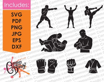 May include: Black and white vector graphics of various martial arts poses and equipment. Includes silhouettes of boxers, kickboxers, and grappling figures. Also features images of boxing gloves, a fist, and a martial arts uniform. The image also includes the text "Includes: SVG, PDF, PNG, JPG, EPS, DXF."