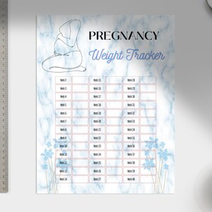 May include: A pregnancy weight tracker with a marble-like background and blue floral accents. The words "PREGNANCY Weight Tracker" are at the top. A line drawing of a pregnant person is above the text. The tracker has boxes for each week.