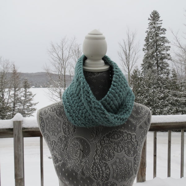 Crocheted Gentle Teal Mobius Twist Scarf, gift, valentines, Valentine’s Day, holiday, womens, cowl, infinity, birthday gift idea