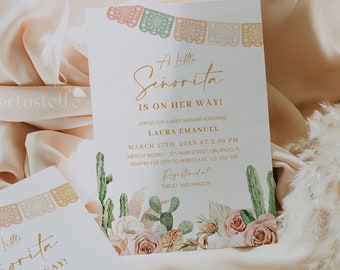 Fiesta little senorita baby shower invitation template pastel Mexican baby shower invite girl cactus dusty rose peach floral dried palm 0280