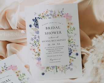 Pink blue wildflowers bridal shower invitation template pastel wild flower bridal shower invitation purple lilac summer spring garden 0271