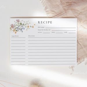 Elegant delicate floral recipe card template wildflower bridal shower recipe cards spring summer dainty wild meadow pink blue 0321