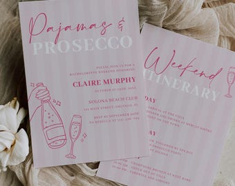 PJs and prosecco bachelorette party invitation and itinerary template, pajamas and prosecco bach weekend slumber party pink hen party 0345