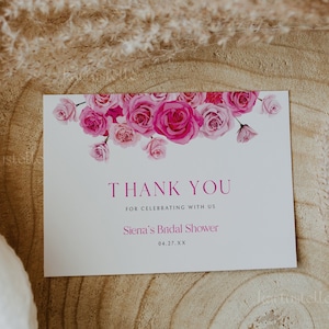 Hot pink floral thank you card template hot pink and blush bridal shower thank you cards editable blush pink roses fuchsia summer 0254