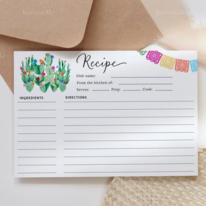 Fiesta recipe card template, cactus recipe cards, Mexican bridal shower recipe cards, bright colorful floral hot pink orange blue 0231