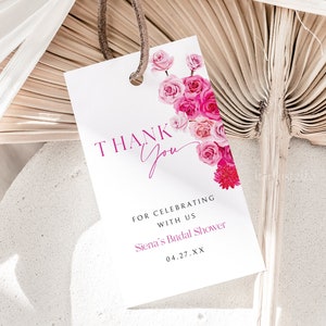 Hot pink floral favor tag template, hot pink and blush thank you tags, bridal shower favor tags blush pink roses fuchsia magenta summer 0254