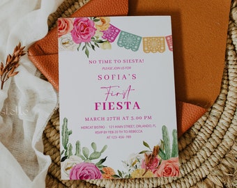 First fiesta birthday party invitation template, Mexican birthday invites cactus 1st birthday hot pink orange bright colorful floral 0246