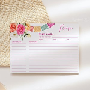 Fiesta recipe card template, Mexican bridal shower recipe cards, cactus recipe cards hot pink orange floral bright colorful floral 0246
