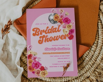 Disco bridal shower invitation template, bold retro hot pink bridal shower invitations, red pink orange floral bridal shower disco ball 0267