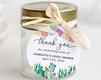 Fiesta round favor tags Mexican bridal shower favor tag template cactus round stickers circle label bright floral hot pink orange blue 0231