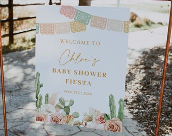 Fiesta baby shower welcome sign template Mexican baby shower poster cactus welcome sign pastel boho dusty rose peach floral dried palm 0280