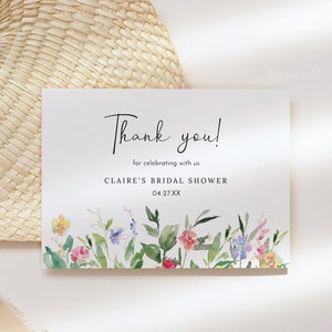 Dreamy garden floral thank you card template wildflower bridal shower thank you cards editable spring colorful pink yellow purple 0237