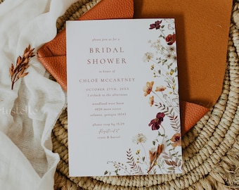 Autumn wildflower bridal shower invitation template fall bridal shower invitations fall wildflower orange red fall floral elegant boho 0293
