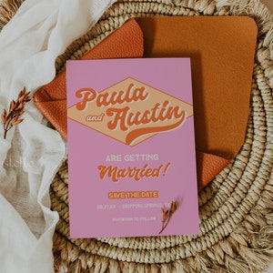 Fun retro save the date template, funky playful pink orange wedding save the dates, colorful wedding bold groovy sun burst salmon coral 0260