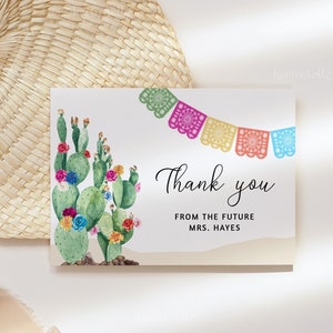 Fiesta bridal shower thank you card template, cactus thank you card, Mexican bridal shower bright floral hot pink orange blue desert 0231