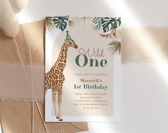 Giraffe birthday party invitation template wild one birthday invitation safari 1st birthday boho jungle animals giraffe first birthday 0274