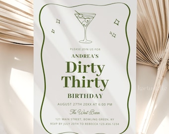 Dirty thirty birthday invitation template, minimal hand drawn martini invitation, 30th birthday olive green cocktail a tini bit older 0341
